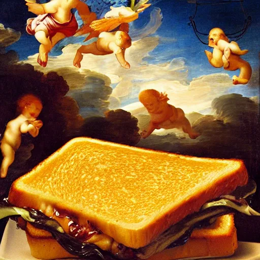 Prompt: painting of a grilled cheese with flying cherubs in the background, romantic renaissance painting