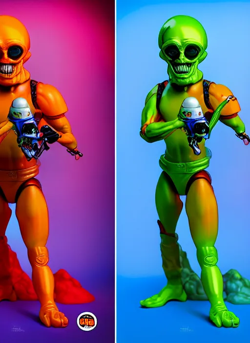 Prompt: hyperrealistic rendering, shiny mars attacks martian by and richard corben and jeff easley, product photography, action figure, sofubi, studio lighting, colored gels, rimlight, backlight