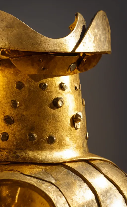 Prompt: a warrior wearing a hoplite helmet, museum photography, closeup, bokeh, golden hour