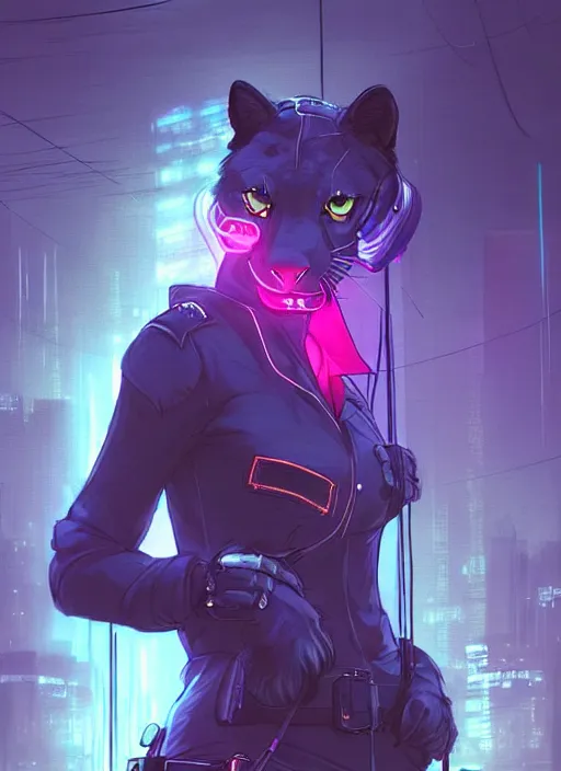 Image similar to beautiful portrait commission of a female furry anthro panther fursona wearing a police uniform. Cyberpunk city at night in the rain. Neon light. Atmospheric. Character design by charlie bowater, ross tran, artgerm, and makoto shinkai, detailed, inked, western comic book art