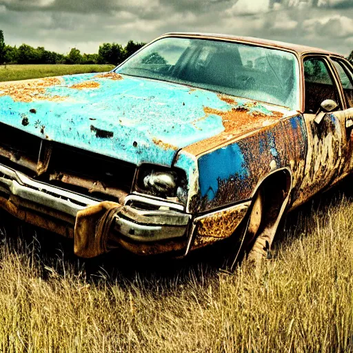 Image similar to A medium shot photograph of a rusty, worn out, broken down, decrepit, run down, dingy, faded, chipped paint, tattered, beater 1976 Denim Blue Dodge Aspen in a farm field, photo taken in 1989