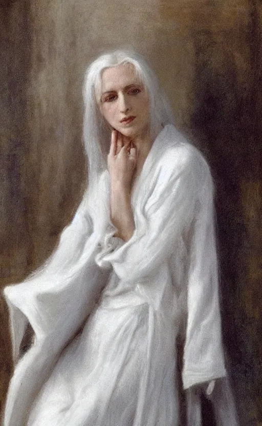 Image similar to say who is this with silver hair so pale and wan! and thin? flowing hair covering front of body, white robe, white dress!! of silver hair, covered!!, clothed!! lucien levy - dhurmer, fernand keller, oil on canvas, 1 8 9 6, 4 k resolution, aesthetic, mystery