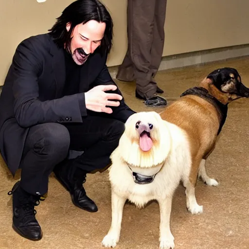 Prompt: claymation keanu reeves petting a happy dog