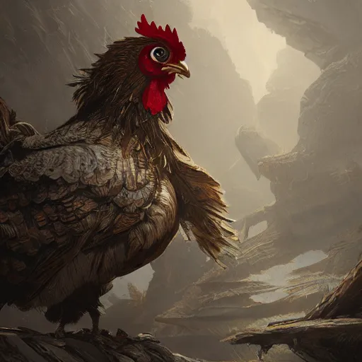 Prompt: chicken, highly detailed, illustration, fantasy art, in the style of greg rutkowski, epic, fantasy, intricate, hyper detailed, artstation, concept art, smooth, sharp focus, ray tracing