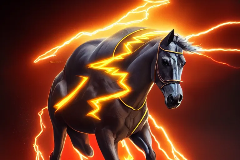 Image similar to a stunning digital painting of a horse as the flash in spandex costume, running in the speedforce by greg rutkowski, volumetric light, digital art, fine detail, photorealistic