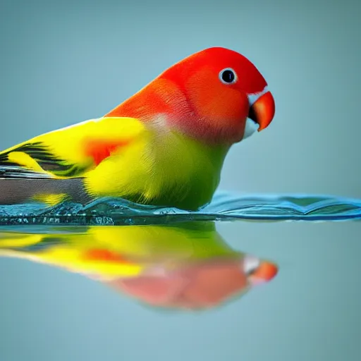 Image similar to lovebird sitting in water, reflective, sunny day, landscape photography