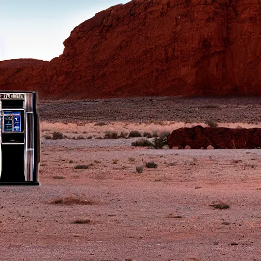 Image similar to a distant slot machine in the middle of a desert, wide shot, establishing wide shot, dark lighting, long exposure photography, slow shutter,