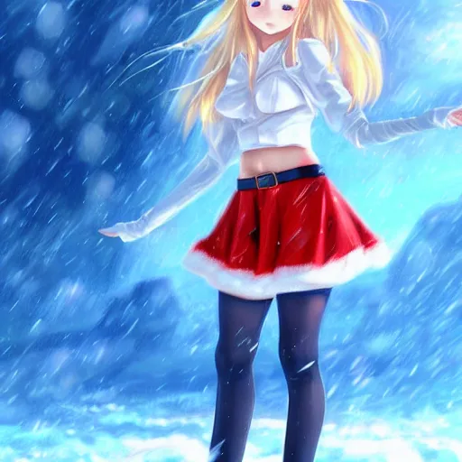 Image similar to full body shot : a very beautiful young blond anime girl on a snowstorm, santa hat, sky blue eyes,, bikini, miniskirt, highly detailed, cinematic wallpaper by stanley artgerm lau