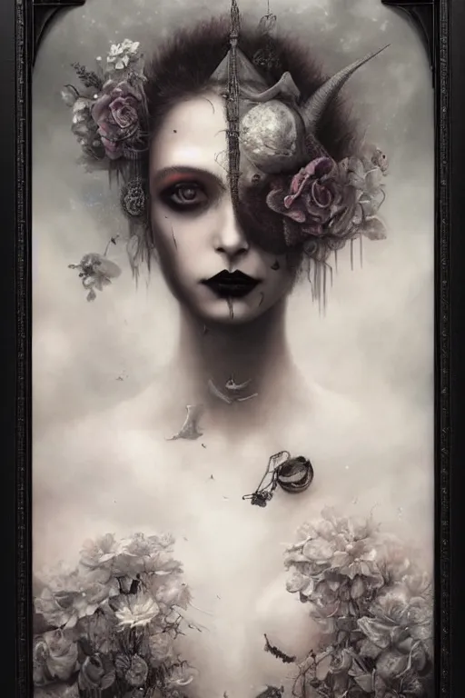 Prompt: By Tom Bagshaw, ultra realist soft painting of a curiosities carnival by night, very beautiful female dollpunk in full gothic dress transparent glass sphere, symmetry accurate features, very intricate details, omnious sky, black and white, volumetric light clouds