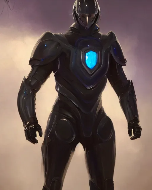 Prompt: character concept of iridescent sinewy smooth lean muscular male sleek glossy indigo black pearlescent scifi armor with continuous smooth black featureless helmet, by greg rutkowski, mark brookes, jim burns, tom bagshaw, magali villeneuve, trending on artstation