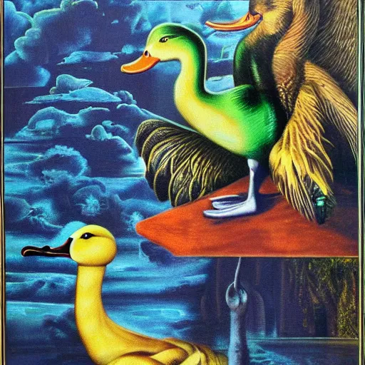 Image similar to oh my god, the duck, don't look at him, surrealism, dreamcore