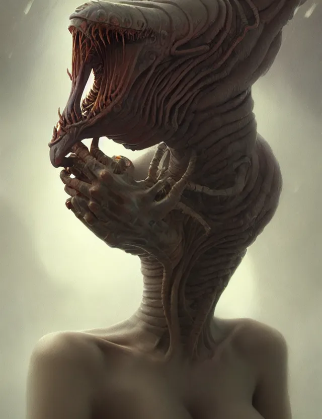 Prompt: ultra realist muted colors horror painting of a dimly lit attractive alien female and hellish creature together, very intricate details, focus, curvy figure, model pose, full frame image, artwork by tooth wu and wlop and beeple and greg rutkowski, award winning