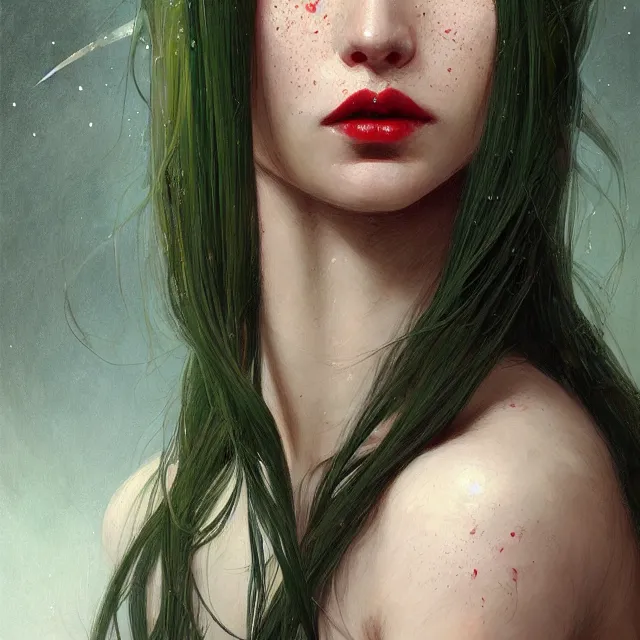 Prompt: portrait of a female face, elf, green eyes, long eyelashes, red plump lips, freckles, long black hair, dark fantasy, intricate, elegant, highly detailed, digital painting, artstation, concept art, smooth, sharp focus, illustration, art by artgerm and greg rutkowski and alphonse mucha, wlop