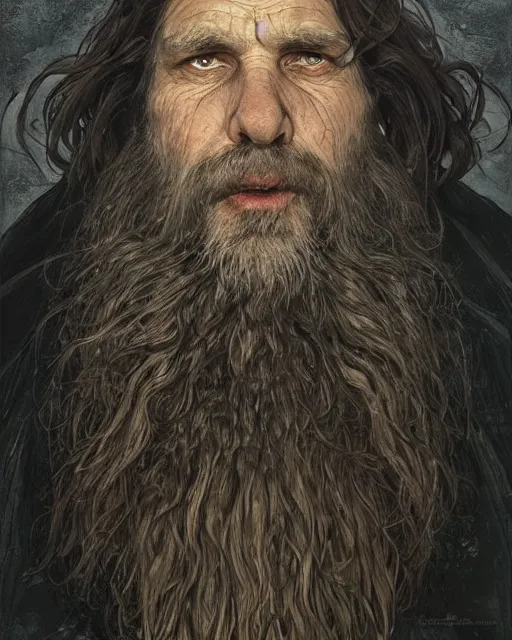 Prompt: portrait of a 6 0 - year - old giant man with long tangles of bushy black hair and beard hiding most of his face, kind eyes, wearing in black cloak, hyper realistic face, beautiful eyes, fantasy art, in the style of greg rutkowski, intricate, alphonse mucha, hyper detailed, smooth