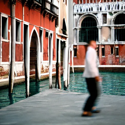 Image similar to portra 800 street photography in Venice a subject is blurry because it's in motion