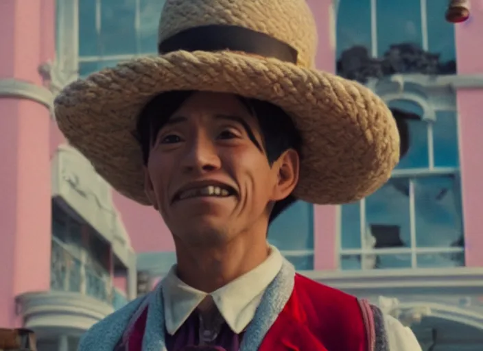 Image similar to a film still of cosplay of luffy in the grand budapest hotel ( 2 0 1 4 ), 4 k