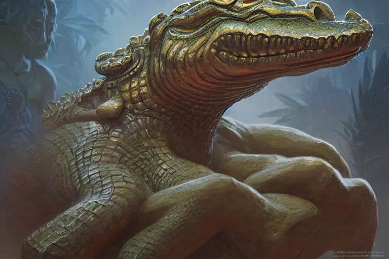 Image similar to stone statue of the anthropomorphic crocodile god, deep focus, d & d, fantasy, intricate, elegant, highly detailed, digital painting, artstation, concept art, matte, sharp focus, illustration, hearthstone, art by artgerm and greg rutkowski and alphonse mucha