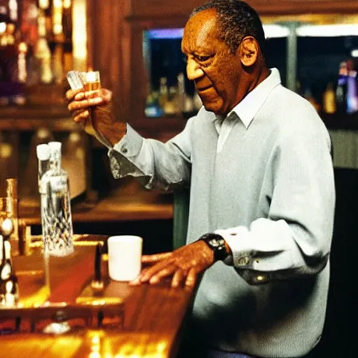 Prompt: bill cosby serving drinks at a bar. photorealistic ultra high definition. movie still.