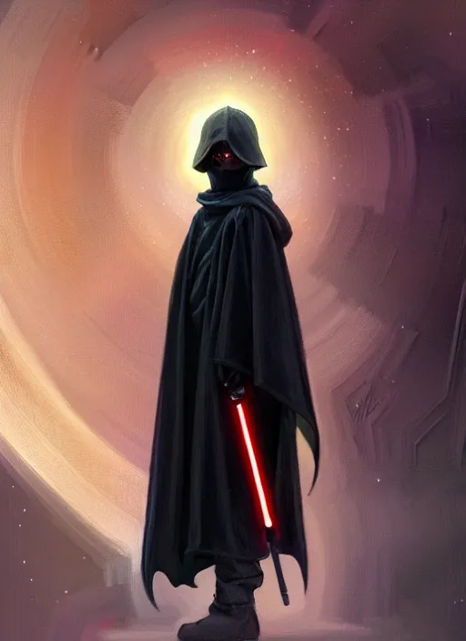 Image similar to perfectly - centered - portrait of a kid wearing black cloak holding light saber, intricate, highly detailed, digital painting, artstation, concept art, smooth, sharp focus, illustration, unreal engine 5, 8 k, art by artgerm and greg rutkowski and alphonse mucha and sam spratt