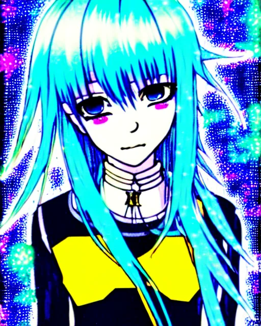 Prompt: a hologram of rimuru tempest, sky blue hair, golden yellow eyes, wearing black stylish clothing, holography, irridescent, baroque visual kei decora art