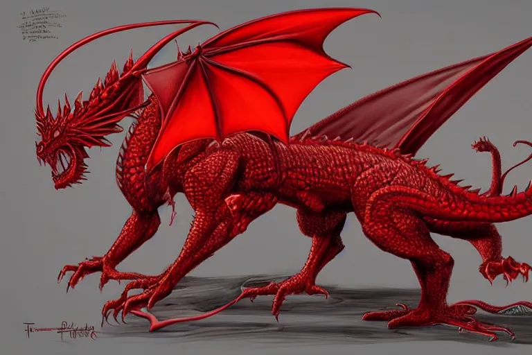 Prompt: An epic full body portrait of a red dragon by Todd Lockwood, trending on artstation