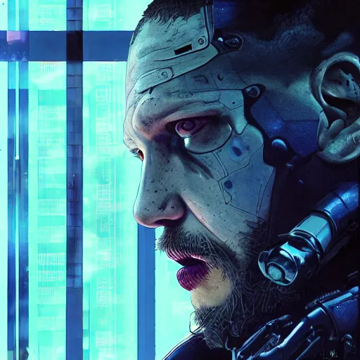 Image similar to tom hardy, cyborg, hacker, cyberpunk, neuromancer, wintermute, system shock 2, ghost in the shell, painted by seb mckinnon, high detail, dramatic light, digital art, painted by greg rutkowski, promotional movie posterart, trending on artstation