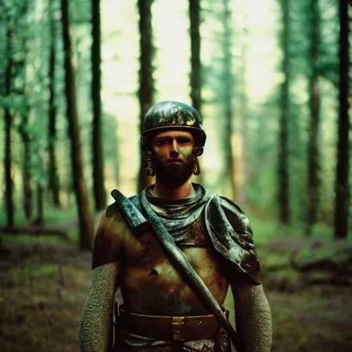 Image similar to close up kodak portra 4 0 0 photograph of a roman legimeer after the battle standing in dark forest, moody lighting, telephoto, 9 0 s vibe, blurry background, vaporwave colors, faded