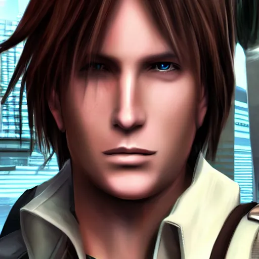 Image similar to photorealistic squall leonhart in a sci fi city