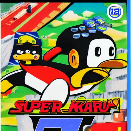 Prompt: Super penguin kart, super nintendo game box art