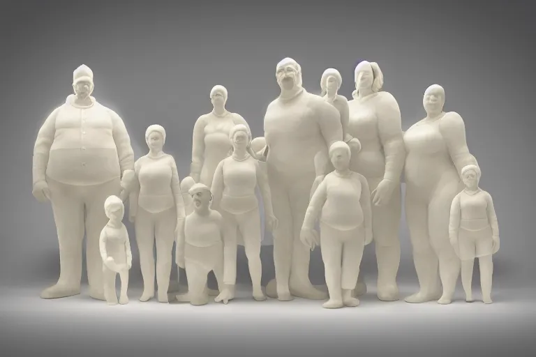 Image similar to alabaster light scatter translucent sculpture of the Bibendum family portrait, backlight, Michelin Man family portrait, luminescence, sculpture, photograph, studio lighting, product photography, while marble, figurine, unreal engine, cryengine,