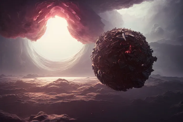 Prompt: a god dissolving into a new universe and then folding itself into a four dimensional sphere, in the style of wlop, illustration, epic, fantasy, hyper detailed, smooth, unreal engine, sharp focus, ray tracing