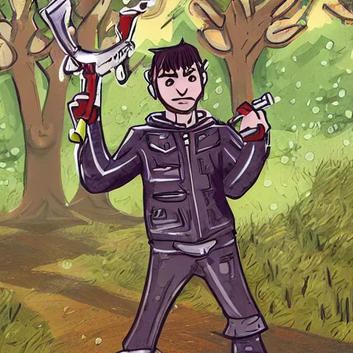 Prompt: giga chad from the memes holding a weapon in a forest the weather is raining