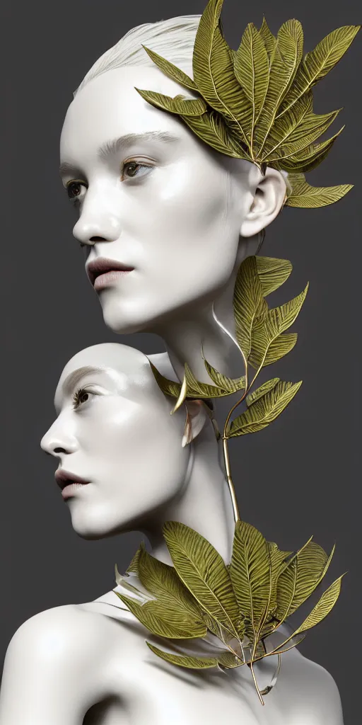 Image similar to complex 3d render ultra detailed of a beautiful porcelain profile woman face, mechanical vegetal cyborg, robotic parts, 150 mm, beautiful studio soft light, 3 point lighting, spot light, rim light, silver gold red details, luxurious, high tech gadget, cyberpunk, magnolia big filigran leaves and stems, roots, Alexander Mcqueen haute couture, fine foliage lace, lumiol, mesh wire, filigran metallic intricate details, hyperrealistic, mandelbrot fractal, anatomical, silver metal armor, facial muscles, cable electric wires, microchip, elegant, beautiful background, beautiful white teeth, octane render, H.R. Giger style, 8k