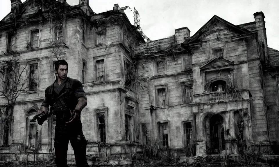 Image similar to 35mm film still, Resident evil, chris redfield in front of mansion, zombie, spooky, horror, old, dirty, reversal film stock