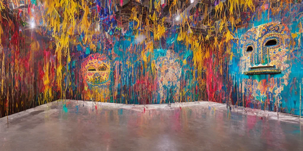 Image similar to A hyper realistic photography of an exhibition space with indigenous masks and dripping colors on the wall