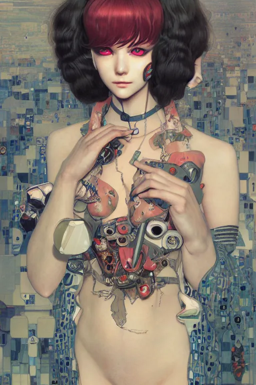 Image similar to portrait of beautiful young devil, cyberpunk, Warhammer, highly detailed, artstation, illustration, art by Gustav Klimt and Range Murata and Ilya Kuvshinov and Sakimichan