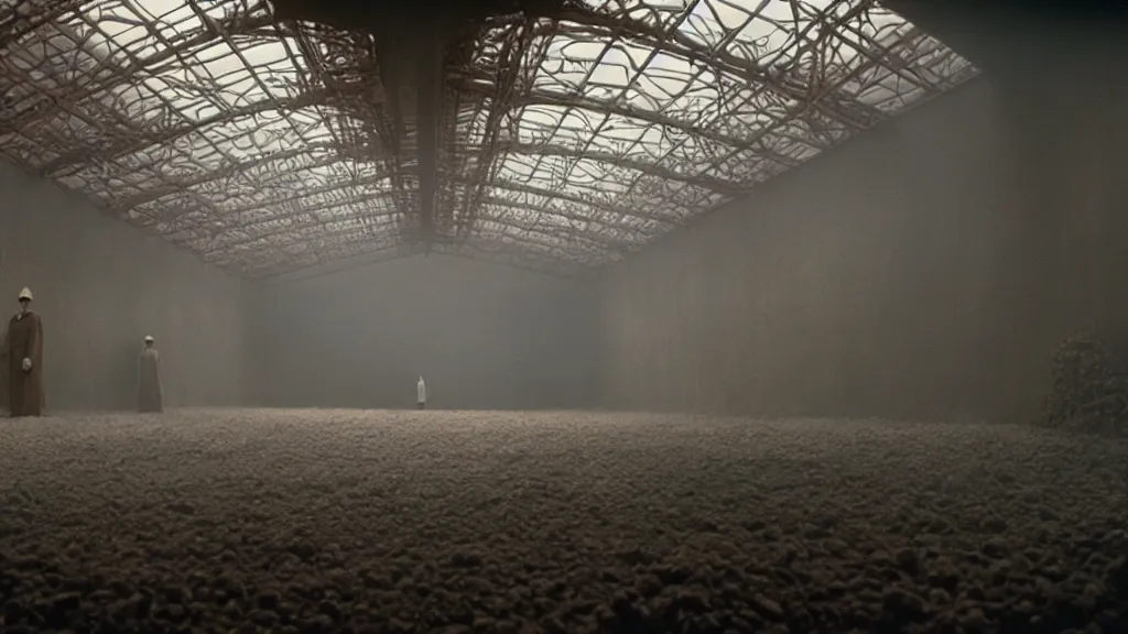 Image similar to inside of a room at Willy Wonka’s chocolate factory where bodies are burnt, film still from the movie directed by Denis Villeneuve with art direction by Zdzisław Beksiński, wide lens