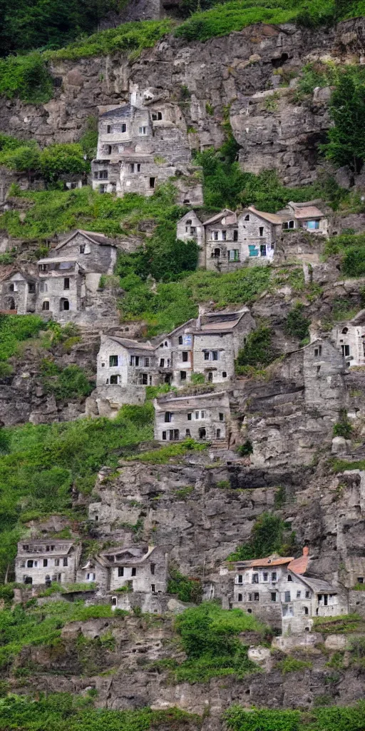 Image similar to a large village of stone houses carved into the side of a tall cliff