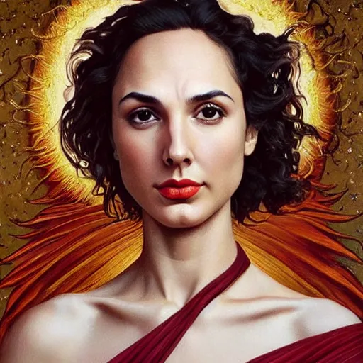 Image similar to Full body oil painting of the beautiful woman Gal Gadot, she is wearing a peplos and a surreal ornate, her hair is natural disheveled, she is approaching heaven over the clouds, naturalism, dramatic lighting, high-detailed oil painting by Ilya Repin, Michelangelo da Caravaggio, William Blake, Alex Grey and Beksinski, trending on Artsation, hystorical painting, naturalism, masterpiece, 4k, 8k,