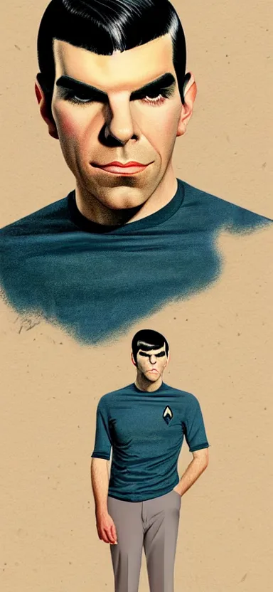Prompt: : ZACHARY QUINTO SPOCK fanart + 70s SPRAY PAINT TEXTURE + art by J.C. LEYENDECKER + 4K UHD IMAGE + STUNNING QUALITY + CRAYON TEXTURE