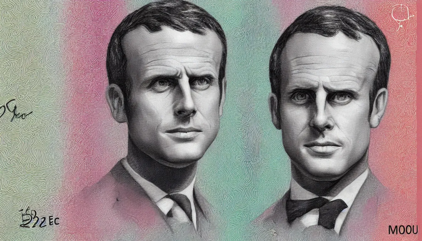 Prompt: Macron portrait on the 50 euro note, realistic, high detailed print