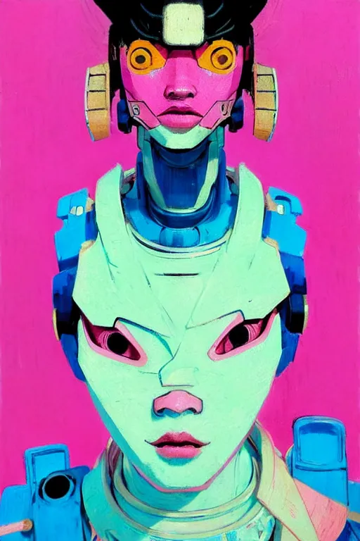 Prompt: portrait of a stylized japanese young mecha - geisha, painted in acrylic, pigment textures, in the colors hot pink and cyan, beautiful realistic face, rule of thirds, spotlight, by greg rutkowski, by jeremy mann, by francoise nielly, by van gogh, by ross tran, in focus, in the style of ghost in the shell