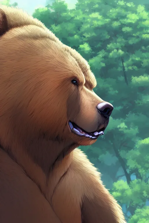 Image similar to overweight brown bear with noticeable muscle, fursona, anthro, male, detailed fur, anime key visual, makoto shinkai, portrait