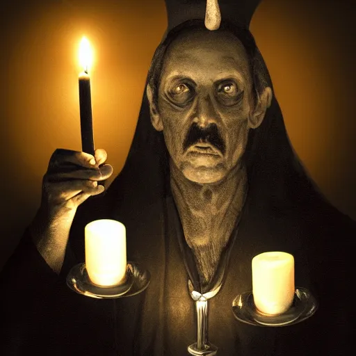 Prompt: satanic priest in a dark room holding a candle, hyper realism, 4 k, extra large
