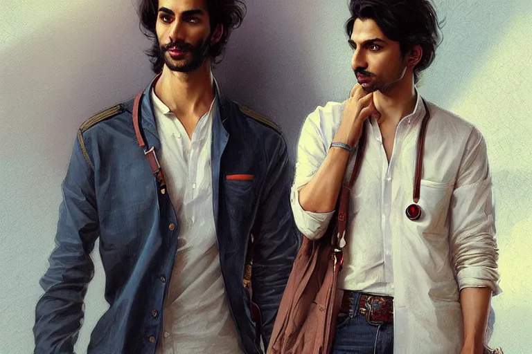 Image similar to Anxious good looking pale young Indian doctors wearing jeans and shirts at the airport, portrait, elegant, intricate, digital painting, artstation, concept art, smooth, sharp focus, illustration, art by artgerm and greg rutkowski and alphonse mucha