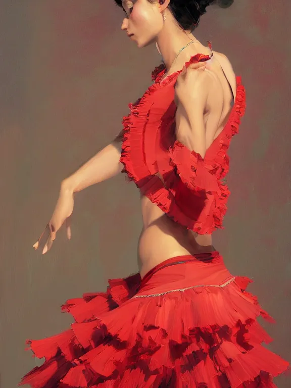 Prompt: an ultradetailed beautiful portrait painting of a girl as an spanish flamenco dancer, side view, oil painting, high resolution, by ilya kuvshinov, greg rutkowski and makoto shinkai