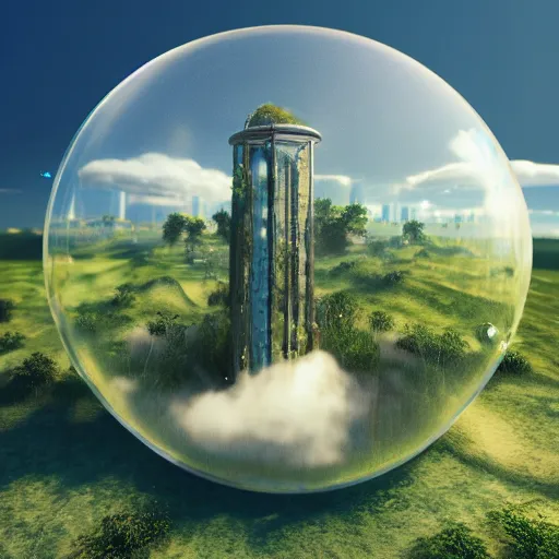 Prompt: miniature tower inside a bubble, floating on clouds, realistic 3 d render, unreal engine, gardens, ecofuturism, solarpunk, maya, 8 k, smooth, sharp focus, octane, twilight