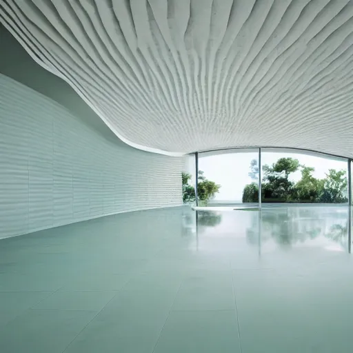 Image similar to a large room with surreal minimalist architecture, partially flooded by blue green water, liminal space, made of all white ceramic tiles, surreal, curving hallways, rounded ceiling, stairs,