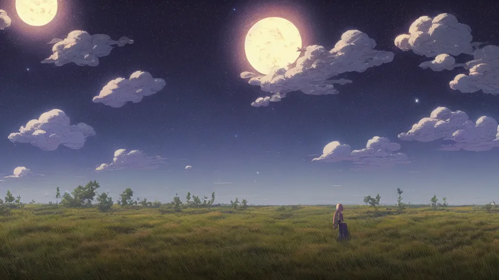 Prompt: highly detailed illustration of a prairie at night and lots of high exposure cummulonimbus clouds by makoto shinkai, by oliver vernon, by joseph moncada, by damon soule, by manabu ikeda, by kyle hotz, by dan mumford, by otomo, 4 k resolution