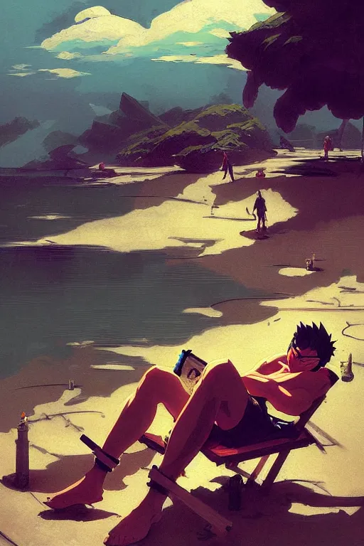 Prompt: baroque oil painting of anime key visual concept art of doom guy relaxing in a beachside resort, acrylic painting, trending on pixiv fanbox, palette knife and brush strokes, style of makoto shinkai jamie wyeth james gilleard edward hopper greg rutkowski studio ghibli genshin impact